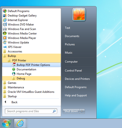 PDF Printer Options in Windows 7 Start Menu