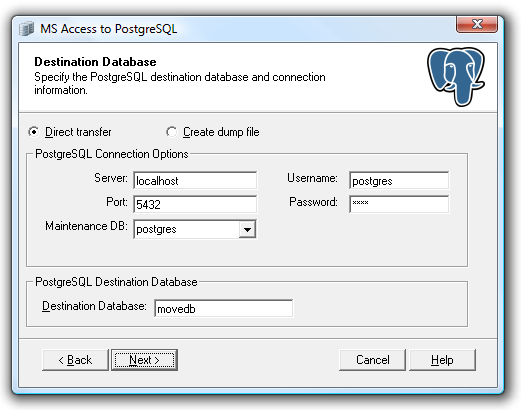 Select the PostgreSQL destination database for the conversion